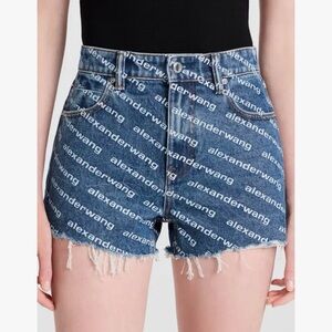 Alexander Wang Denim Logo-Print Frayed Cutoff Shorts in Blue